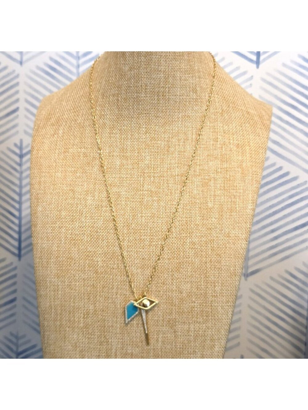 Melanie Auld Turquoise Blue Crystal Charm Pendants 24" Gold Tone Chain Necklace
